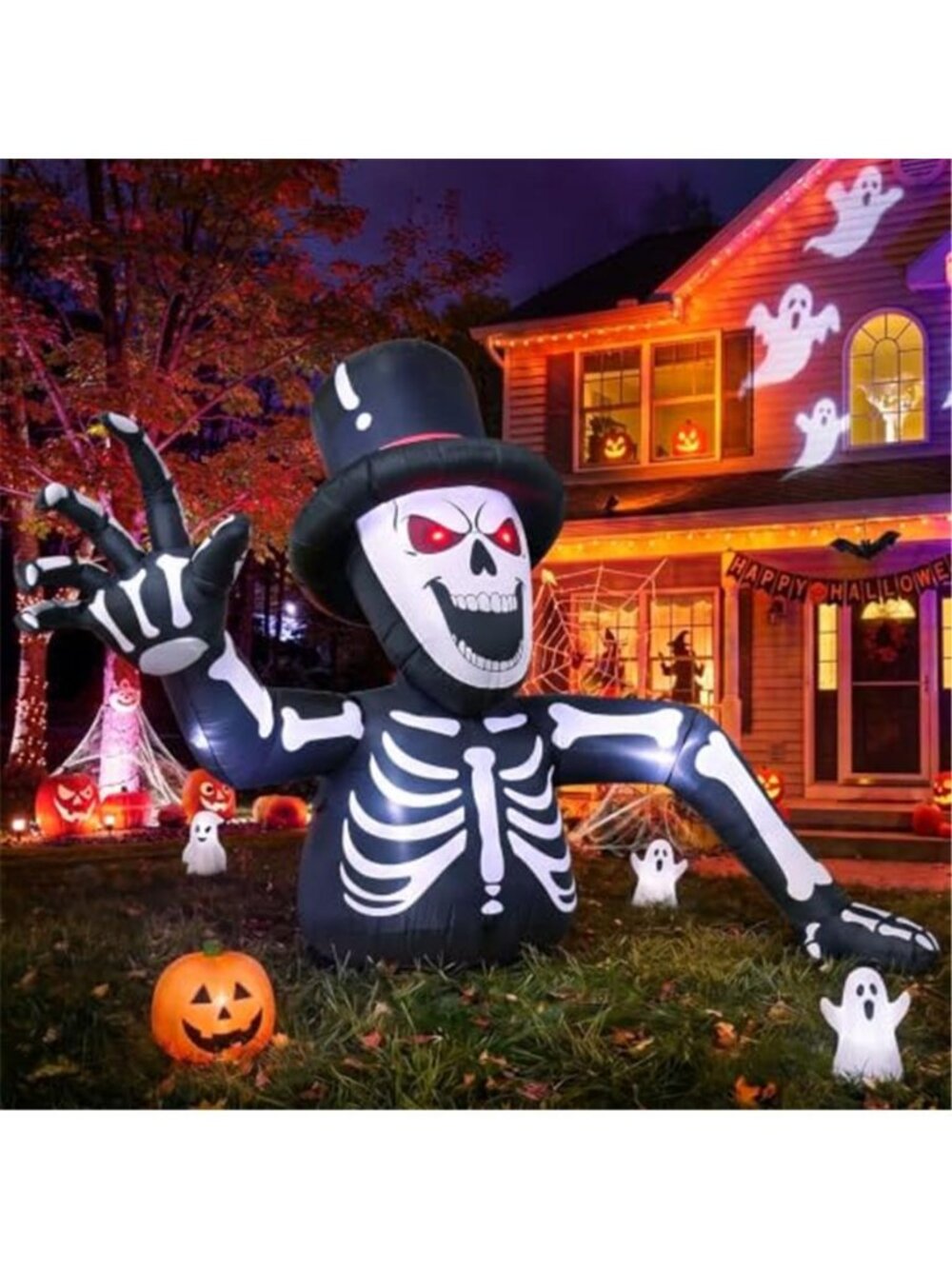 10FT Giant Led Lighted Halloween Inflatables Skeleton for Roof Garden